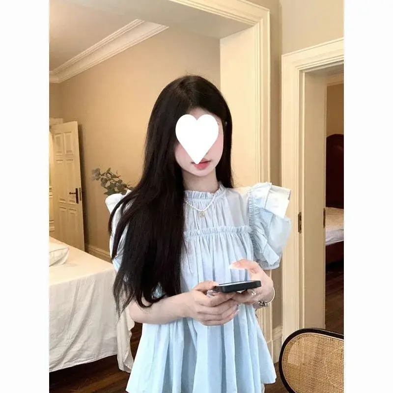Elegant Ruffle Edge Loose-Fit Round Neck Summer French Style Sweet Top Short Sleeves Women's Shirt With Button