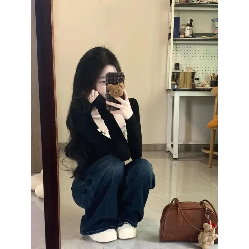High Waist Wide Leg American Style Vintage Women's Jeans Autumn Winter Loose Slimming Drapey Straight Long Floor-Length Pants