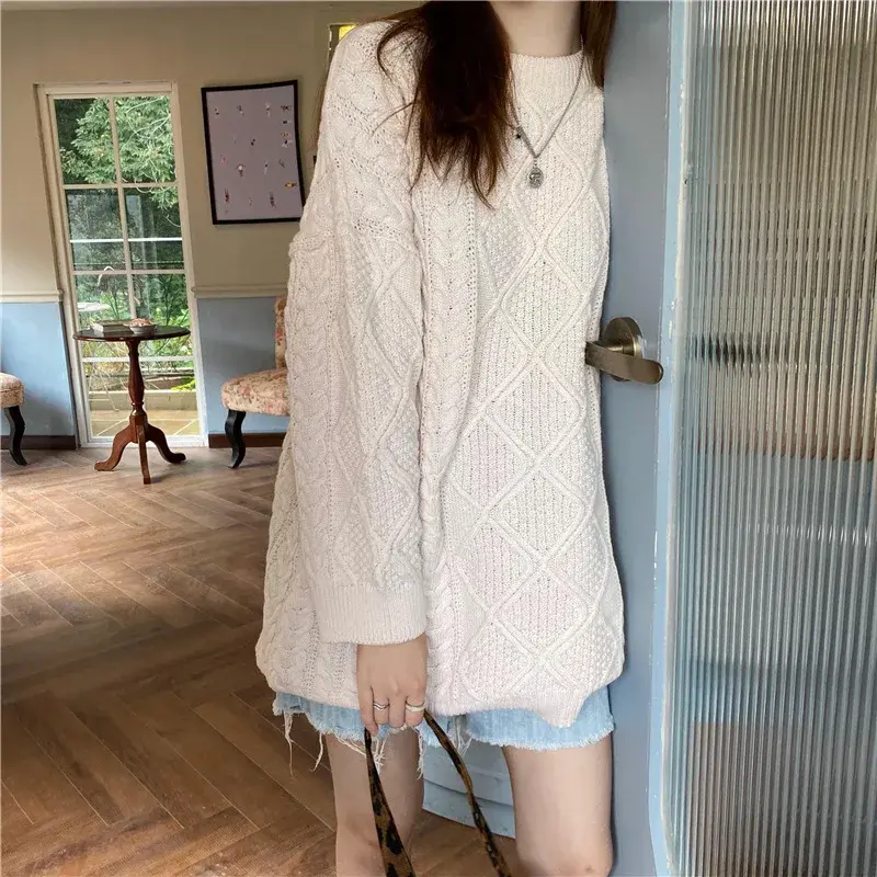 Plus Size Women's Loose-Fit Medium-Length Cable Knit Sweater Thickened Outer Wear Top For Casual Style Slimming Effect