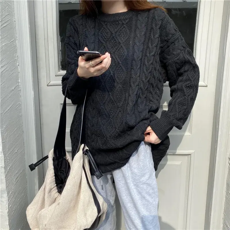 Plus Size Women's Loose-Fit Medium-Length Cable Knit Sweater Thickened Outer Wear Top For Casual Style Slimming Effect