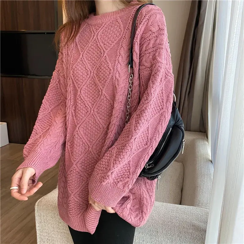 Plus Size Women's Loose-Fit Medium-Length Cable Knit Sweater Thickened Outer Wear Top For Casual Style Slimming Effect