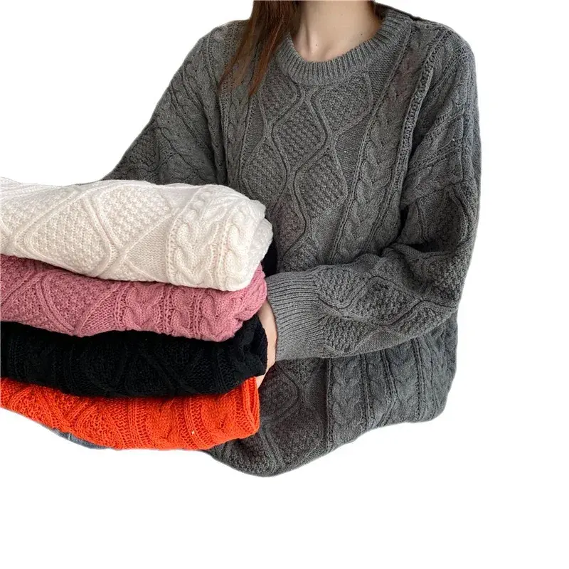 Plus Size Women's Loose-Fit Medium-Length Cable Knit Sweater Thickened Outer Wear Top For Casual Style Slimming Effect