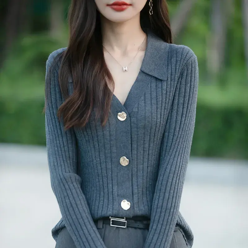 French Style Polo Collar Knitted Open Cardigan Women's Long Sleeve Slimming Base Layer Shirt Luxury Feel Autumn Winter New Arriv