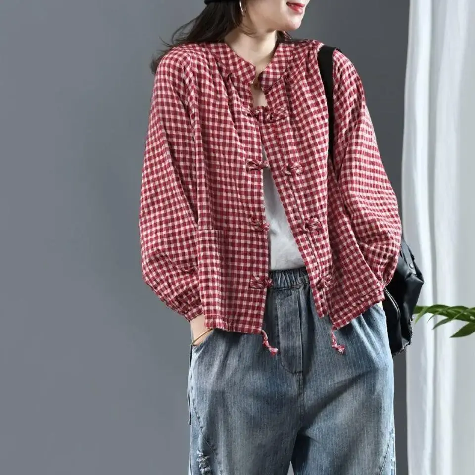 2024 Spring New Chinese Vintage Buttoned Plaid Cotton Cardigan Women's Drawstring Grid Pattern Top Jacket Women's Shirt