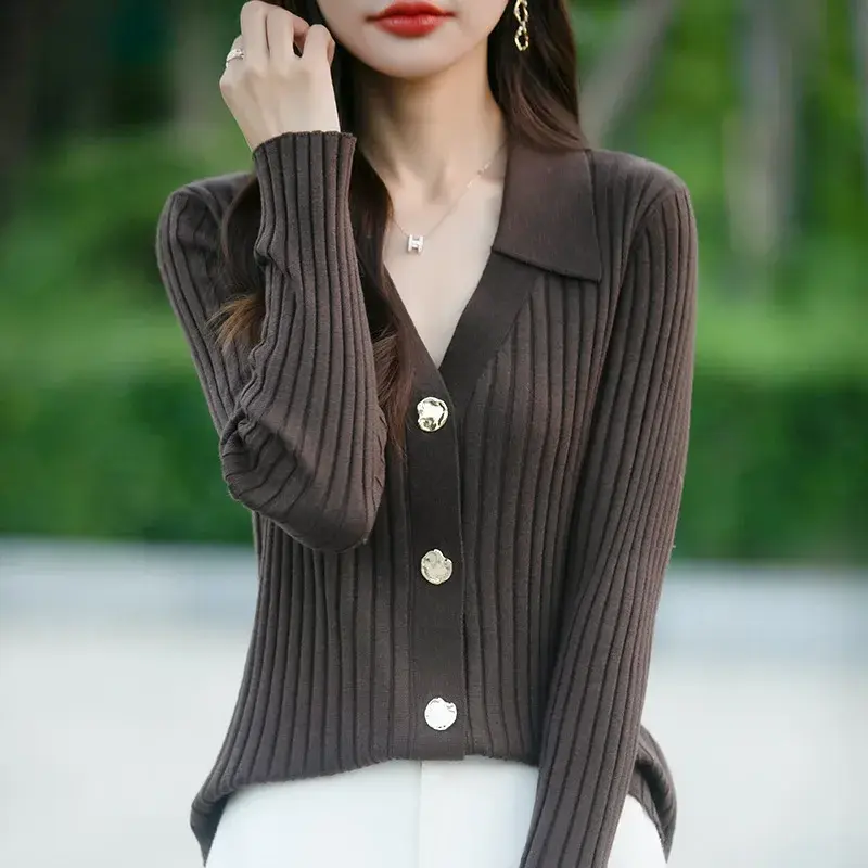 French Style Polo Collar Knitted Open Cardigan Women's Long Sleeve Slimming Base Layer Shirt Luxury Feel Autumn Winter New Arriv