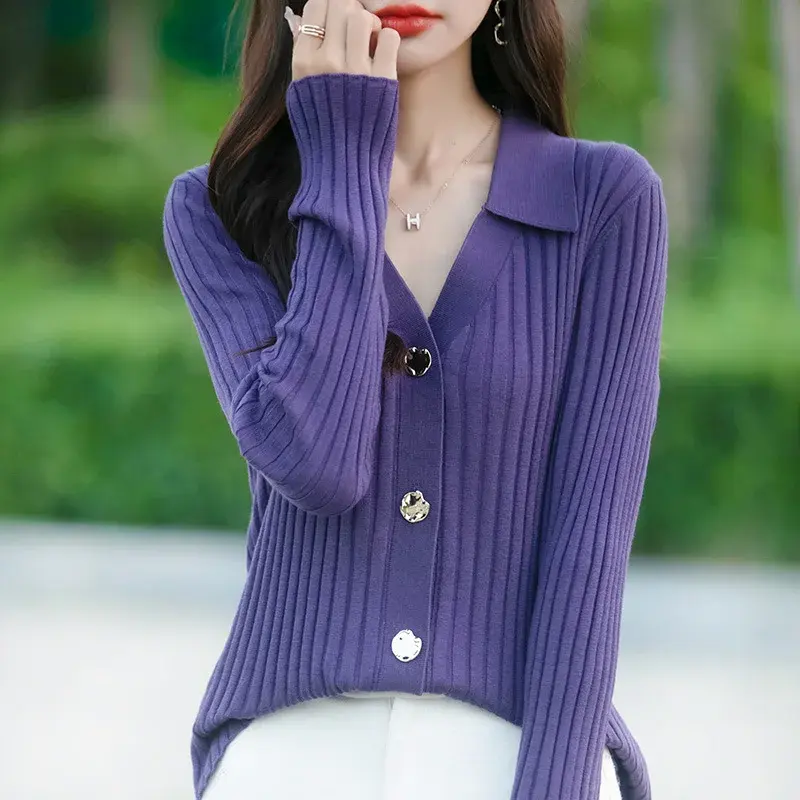 French Style Polo Collar Knitted Open Cardigan Women's Long Sleeve Slimming Base Layer Shirt Luxury Feel Autumn Winter New Arriv