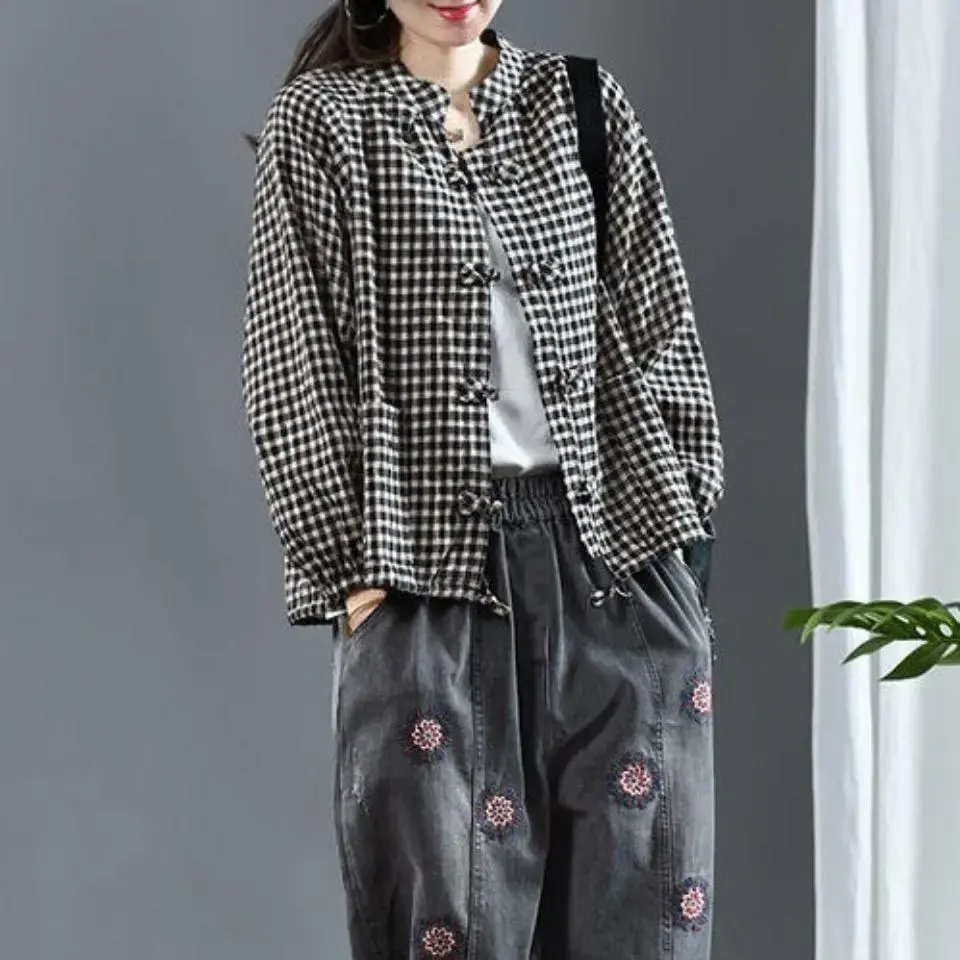 2024 Spring New Chinese Vintage Buttoned Plaid Cotton Cardigan Women's Drawstring Grid Pattern Top Jacket Women's Shirt