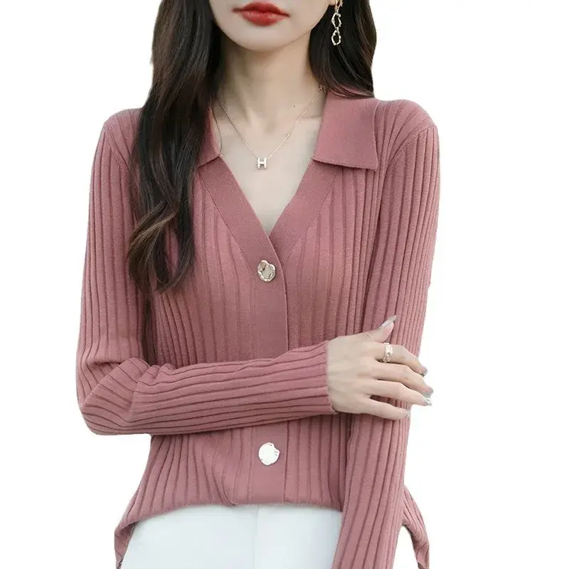 French Style Polo Collar Knitted Open Cardigan Women's Long Sleeve Slimming Base Layer Shirt Luxury Feel Autumn Winter New Arriv