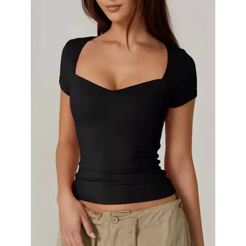 2024 Cross-border Women's Heart-shaped Neck Short Sleeve T-shirt Smooths Your Silhouette Basic Style Fashionable Belly Out