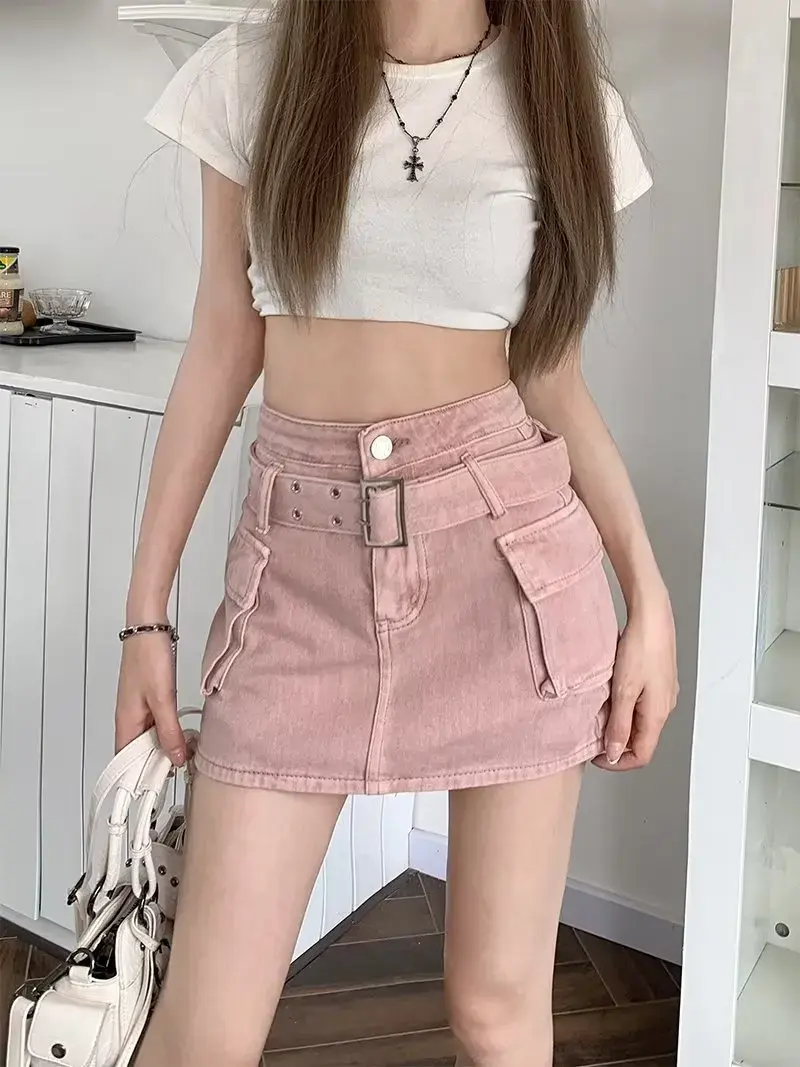 Sweet Spicy A- Line Workwear Pocket Denim Skirt For Women Anti-Exposure High-Waisted Slimming Mini Dress Stylish Pink