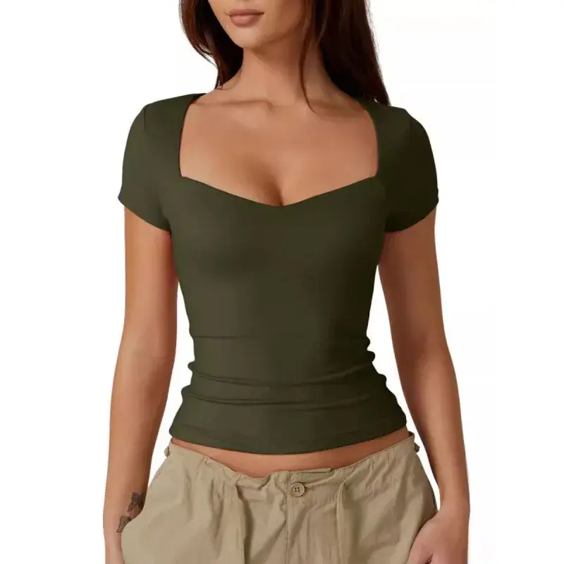 2024 Cross-border Women's Heart-shaped Neck Short Sleeve T-shirt Smooths Your Silhouette Basic Style Fashionable Belly Out