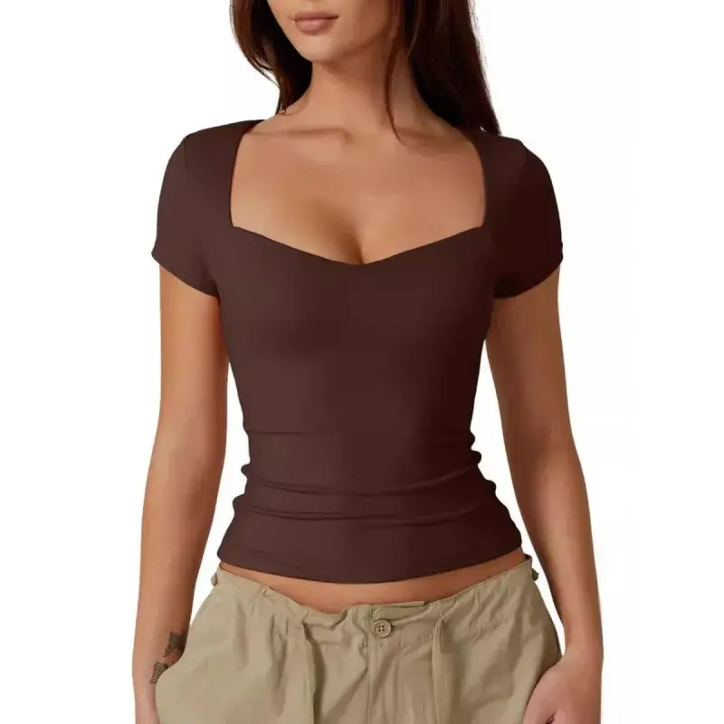 2024 Cross-border Women's Heart-shaped Neck Short Sleeve T-shirt Smooths Your Silhouette Basic Style Fashionable Belly Out