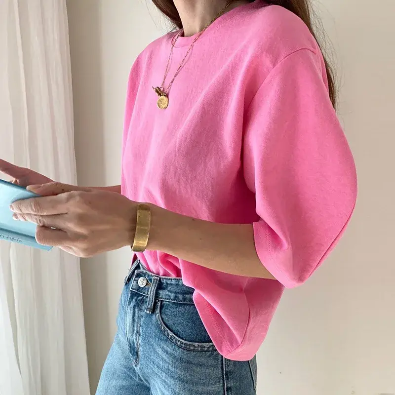 In-Stock Dongdaemun New INS Style Loose Fit Casual Solid Color Versatile Bubble Sleeve T-Shirt Top For Women Summer