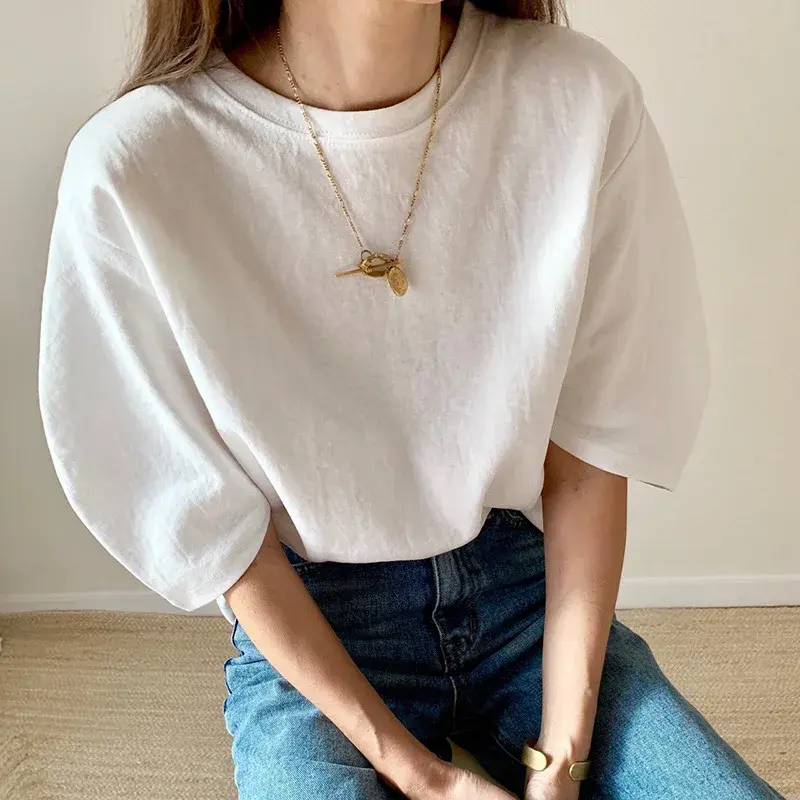 In-Stock Dongdaemun New INS Style Loose Fit Casual Solid Color Versatile Bubble Sleeve T-Shirt Top For Women Summer