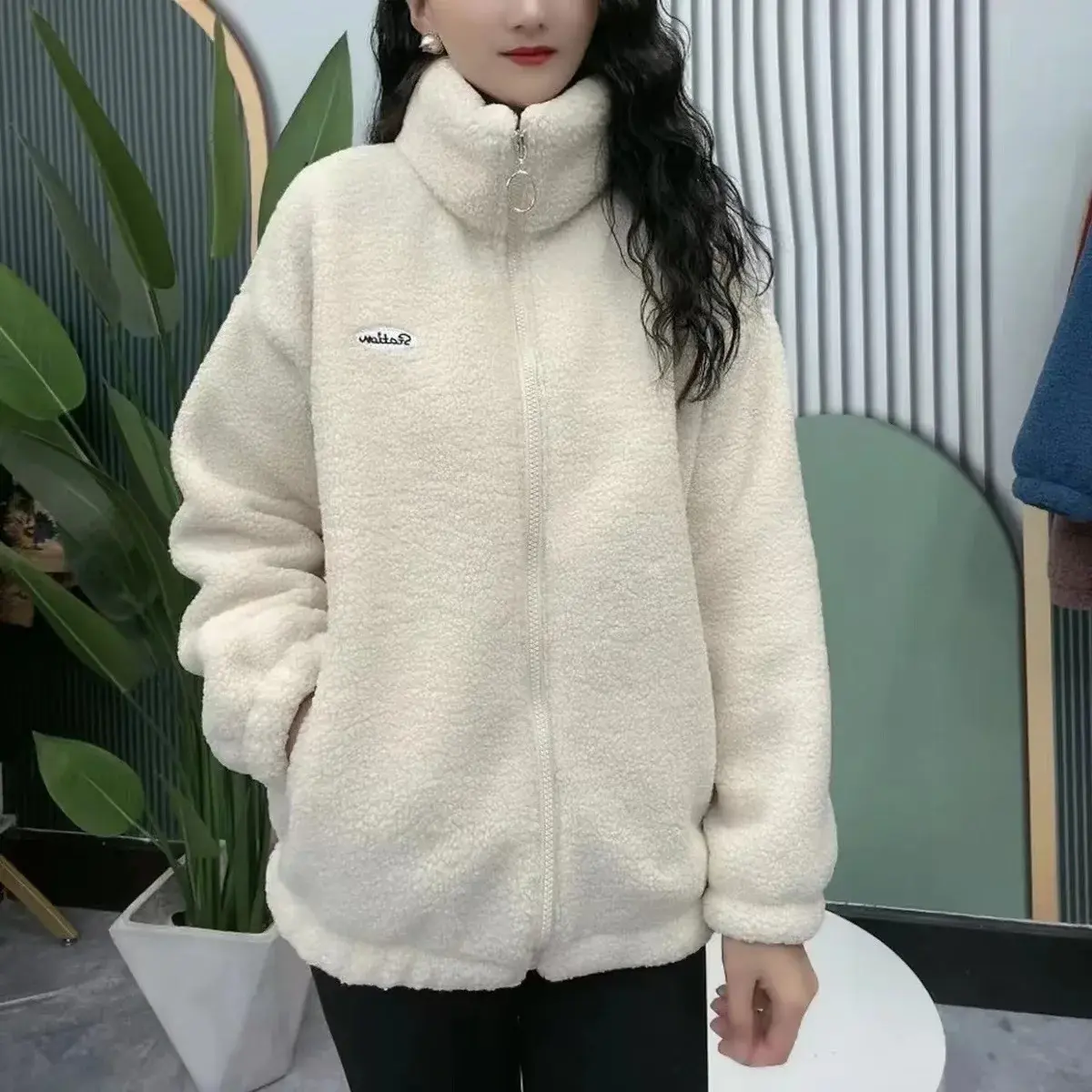 Thickened Fleece Winter Jacket Warm Cotton Clothes Anti-Aging Women's Loose Slimming Top High Collar Full Sleeve Polyester Fiber