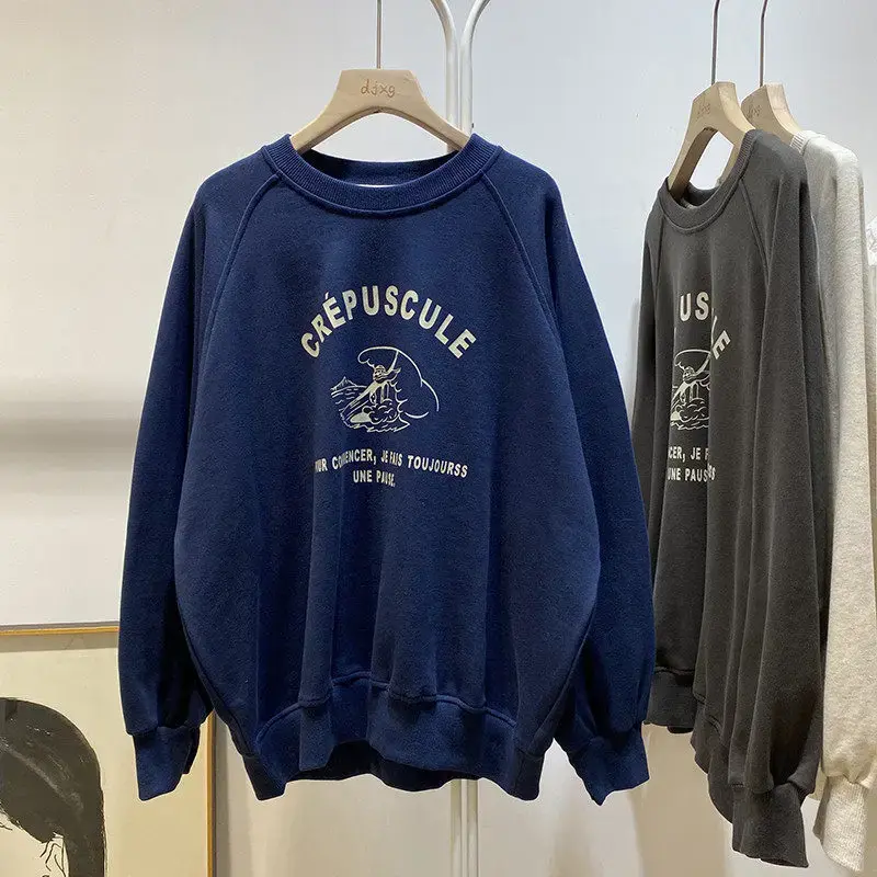 Slimming round Neck Sweatshirt Women's Spring Autumn Thin Fashion Loose Korean Version Top Coat Trendy Cotton Full Sleeve