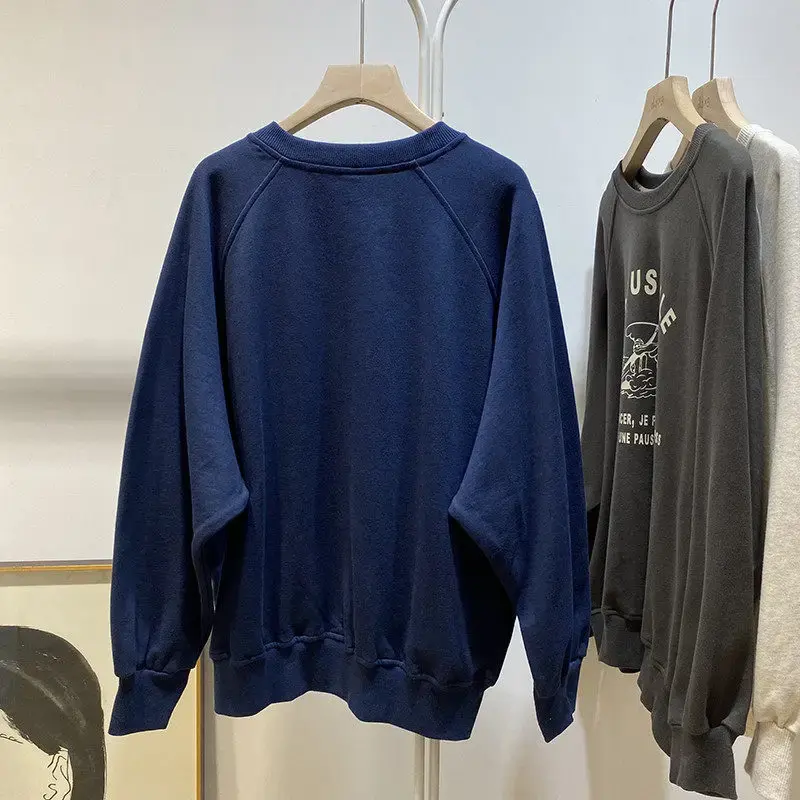Slimming round Neck Sweatshirt Women's Spring Autumn Thin Fashion Loose Korean Version Top Coat Trendy Cotton Full Sleeve