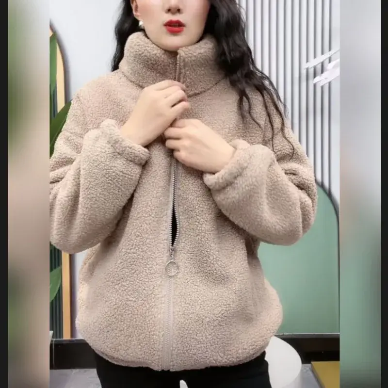 Thickened Fleece Winter Jacket Warm Cotton Clothes Anti-Aging Women's Loose Slimming Top High Collar Full Sleeve Polyester Fiber