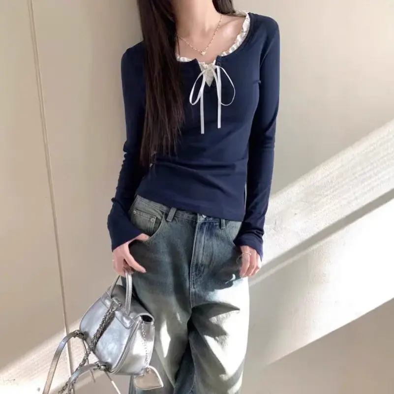 Long Sleeve T-Shirt With Ribbon Collar Autumn/Winter Bow Splicing Slims Smooths Your Silhouette Base Layer Top Wholesale V