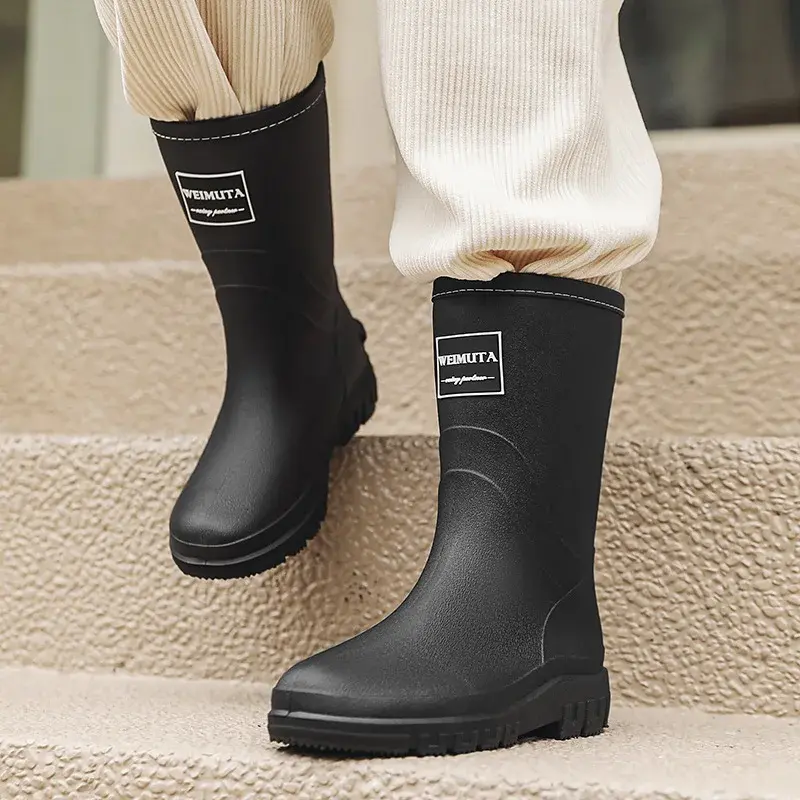 Women's Fleece-Lined Thickened Warm Cotton Rain Boots Autumn/Winter New Style Anti-Slip Waterproof Mid-High Shaft PVC Material