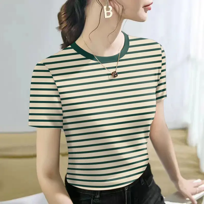 2024 New Plus Size Loose-Fit Striped Summer T-Shirt Short Sleeves Women's Midlife Mother's Clothing Half Sleeve Top