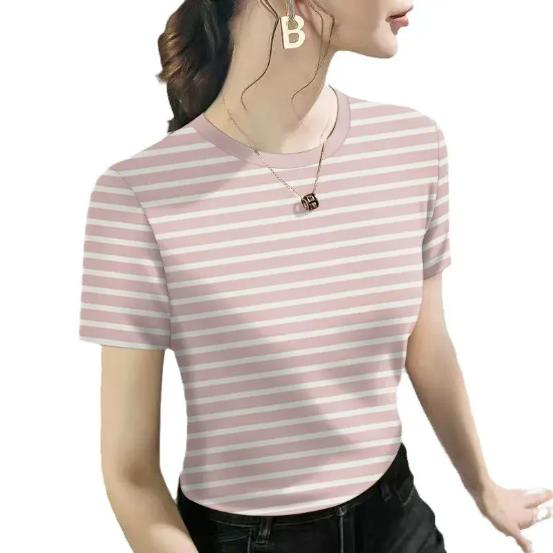 2024 New Plus Size Loose-Fit Striped Summer T-Shirt Short Sleeves Women's Midlife Mother's Clothing Half Sleeve Top