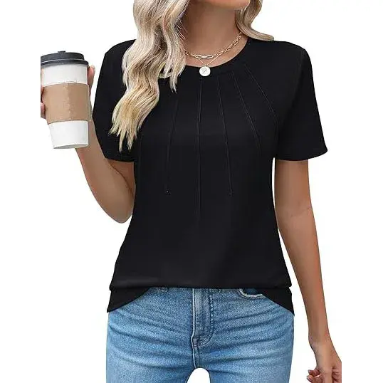 European And American Cross-Border E-commerce Spring Summer Women's Clothing Round Neck Puckered Short Sleeves Solid Color T-shi