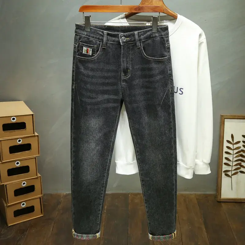 Black Grey High End Elastic Embroidery Spliced Jeans Men's Autumn Winter Trendy Brand Slims Smooths Your Silhouette Versatile Tr