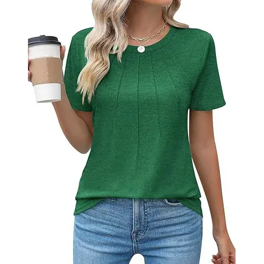 European And American Cross-Border E-commerce Spring Summer Women's Clothing Round Neck Puckered Short Sleeves Solid Color T-shi