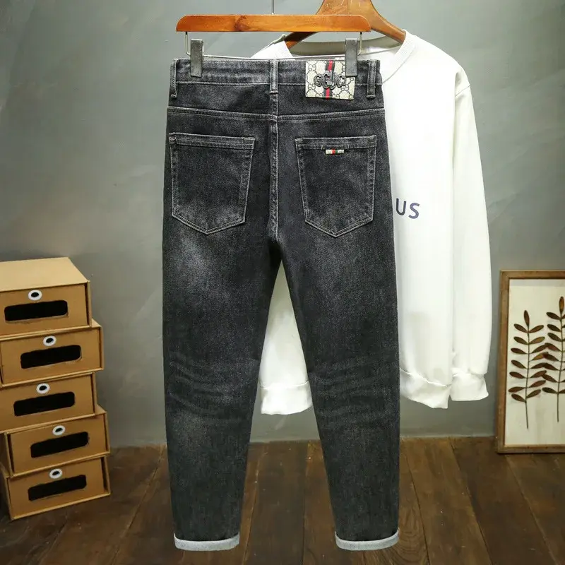 Black Grey High End Elastic Embroidery Spliced Jeans Men's Autumn Winter Trendy Brand Slims Smooths Your Silhouette Versatile Tr