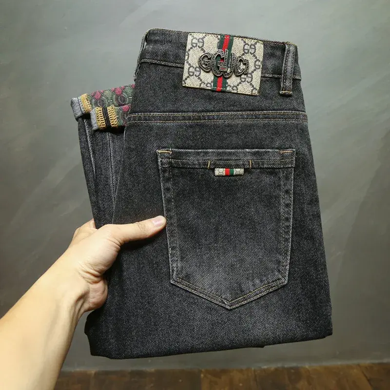 Black Grey High End Elastic Embroidery Spliced Jeans Men's Autumn Winter Trendy Brand Slims Smooths Your Silhouette Versatile Tr