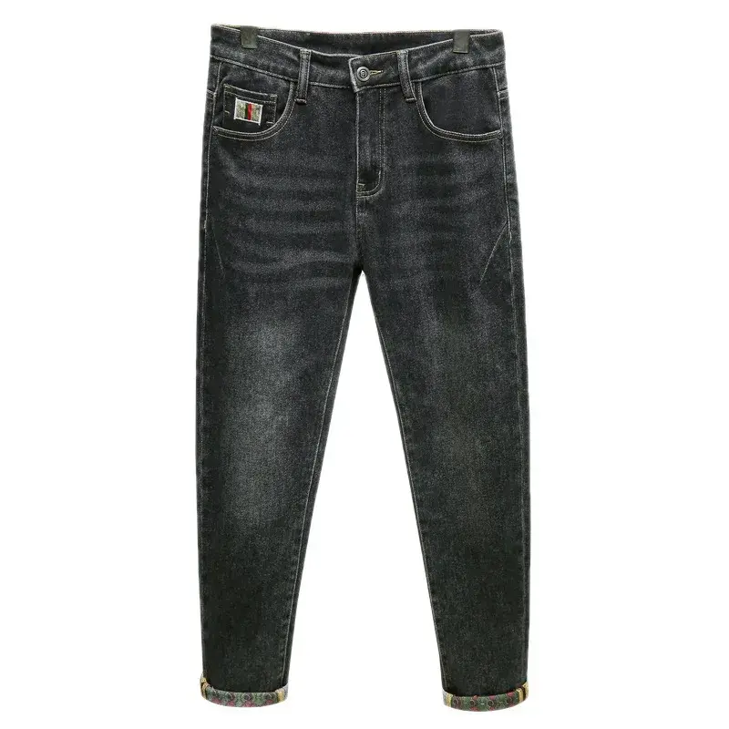 Black Grey High End Elastic Embroidery Spliced Jeans Men's Autumn Winter Trendy Brand Slims Smooths Your Silhouette Versatile Tr