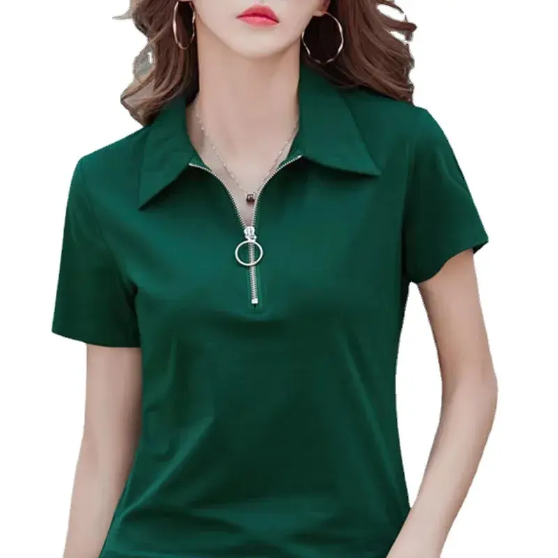 Elegant Stylish Women's T-Shirt 2022 New Zip-Uplapel White Sweatshirt Top Summer Short Sleeves Fashionable Upper Class T-Shirt