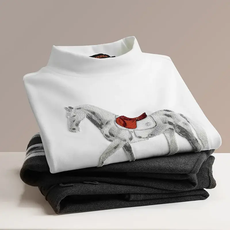 European Style Luxury Autumn/winter Men's Sweatshirt Sleevet Warm Fleece Embroidered Horse Rider Half Polo/turtle Neck Top