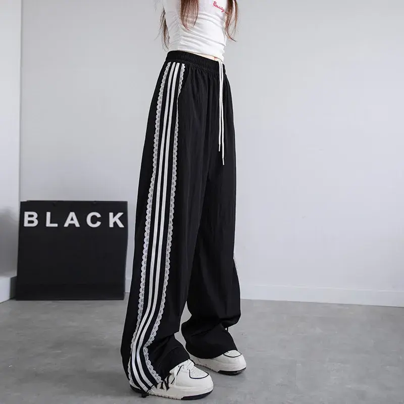 Women's Summer 2024 Lace-trimmed Sweatpants High-waisted Straight-leg Cargo Pants Loose-fit Wide-leg American Style