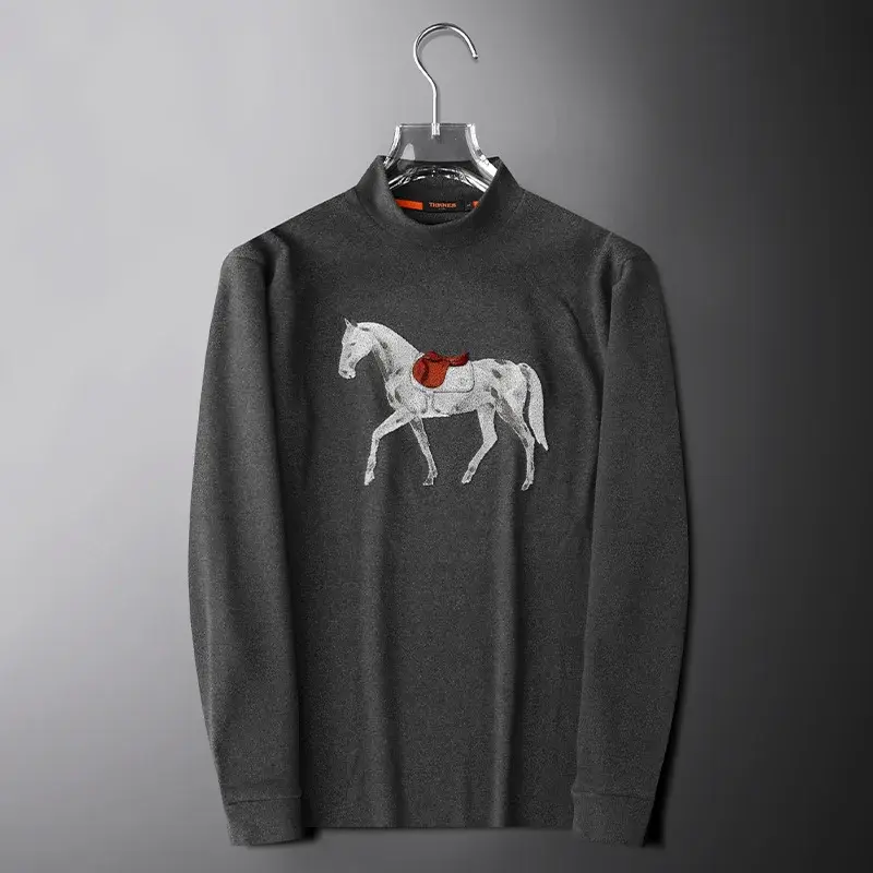 European Style Luxury Autumn/winter Men's Sweatshirt Sleevet Warm Fleece Embroidered Horse Rider Half Polo/turtle Neck Top