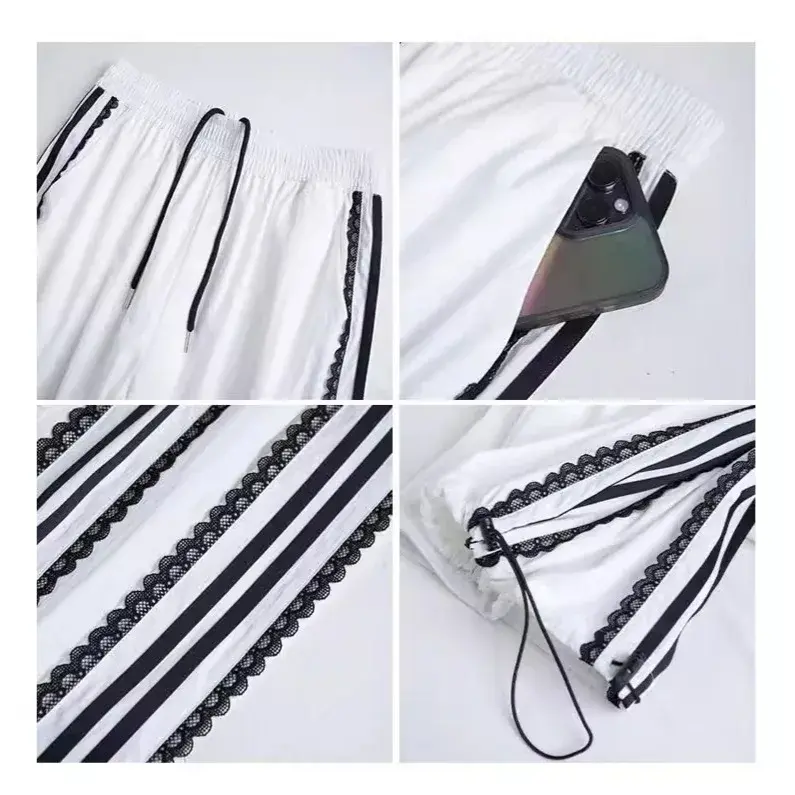 Women's Summer 2024 Lace-trimmed Sweatpants High-waisted Straight-leg Cargo Pants Loose-fit Wide-leg American Style