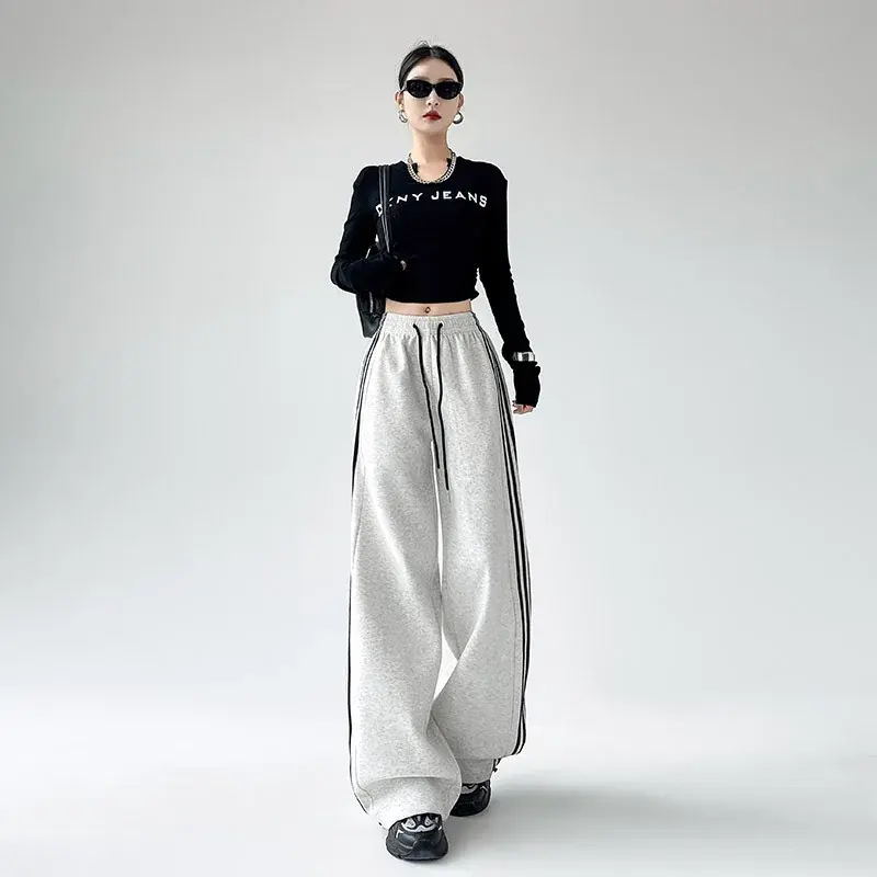 Women's Fleece Lined Three Stripe Sports Pants Loose Casual Wide Leg Drawstring Autumn Winter White Grey Casual Trousers
