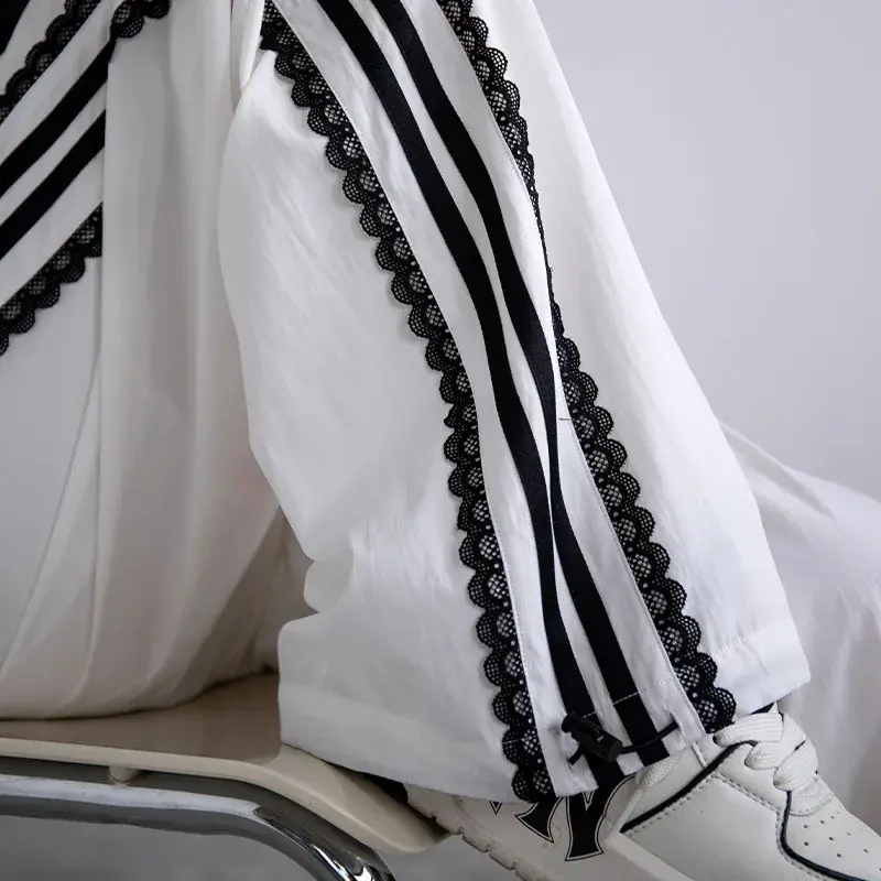 Women's Summer 2024 Lace-trimmed Sweatpants High-waisted Straight-leg Cargo Pants Loose-fit Wide-leg American Style