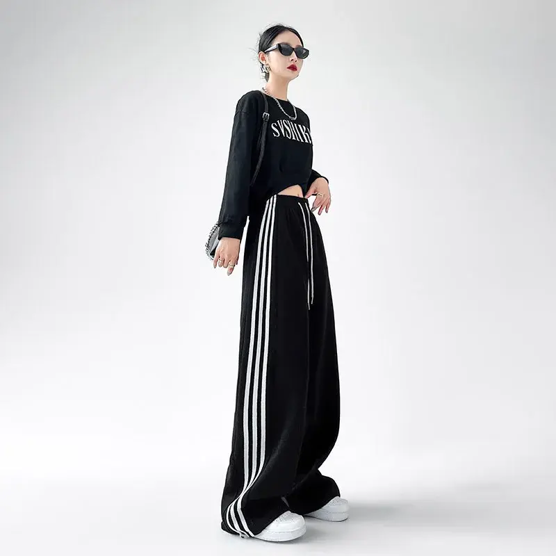 Women's Fleece Lined Three Stripe Sports Pants Loose Casual Wide Leg Drawstring Autumn Winter White Grey Casual Trousers