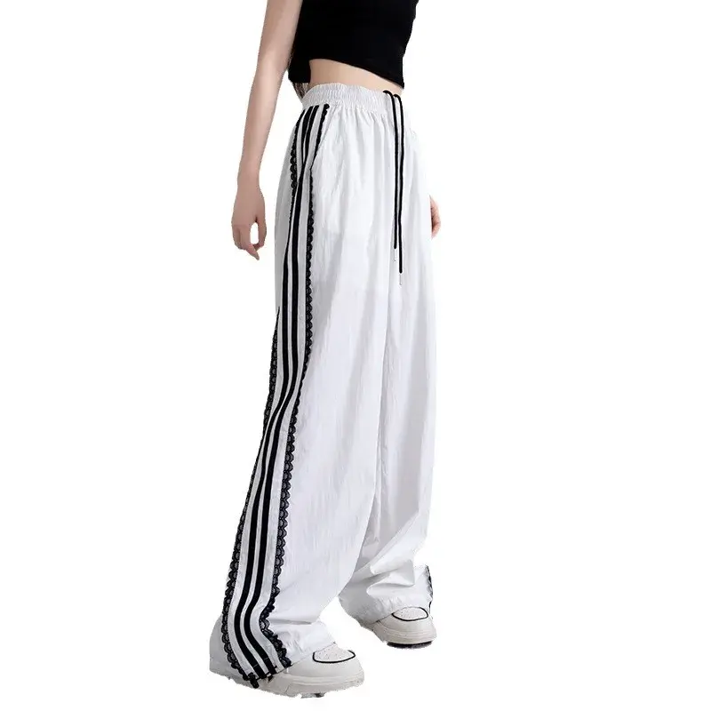 Women's Summer 2024 Lace-trimmed Sweatpants High-waisted Straight-leg Cargo Pants Loose-fit Wide-leg American Style