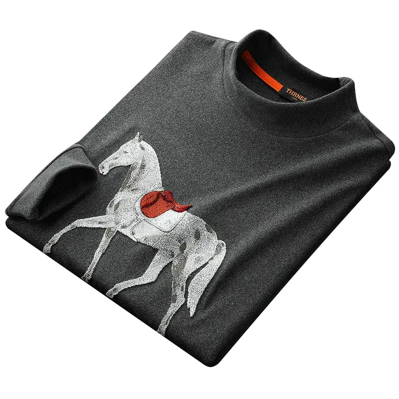 European Style Luxury Autumn/winter Men's Sweatshirt Sleevet Warm Fleece Embroidered Horse Rider Half Polo/turtle Neck Top