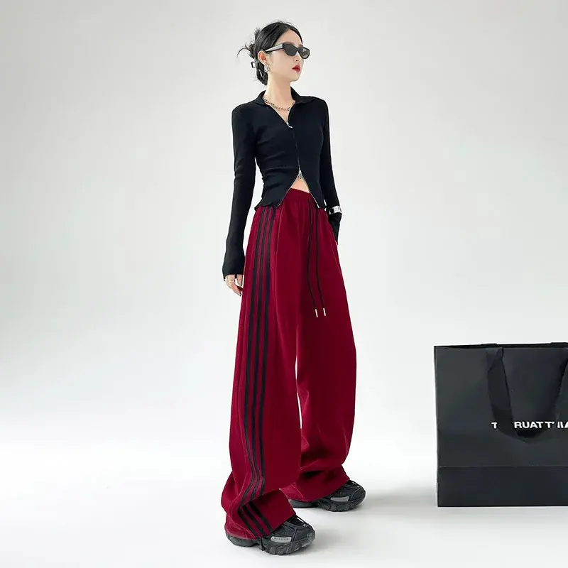 Women's Fleece Lined Three Stripe Sports Pants Loose Casual Wide Leg Drawstring Autumn Winter White Grey Casual Trousers