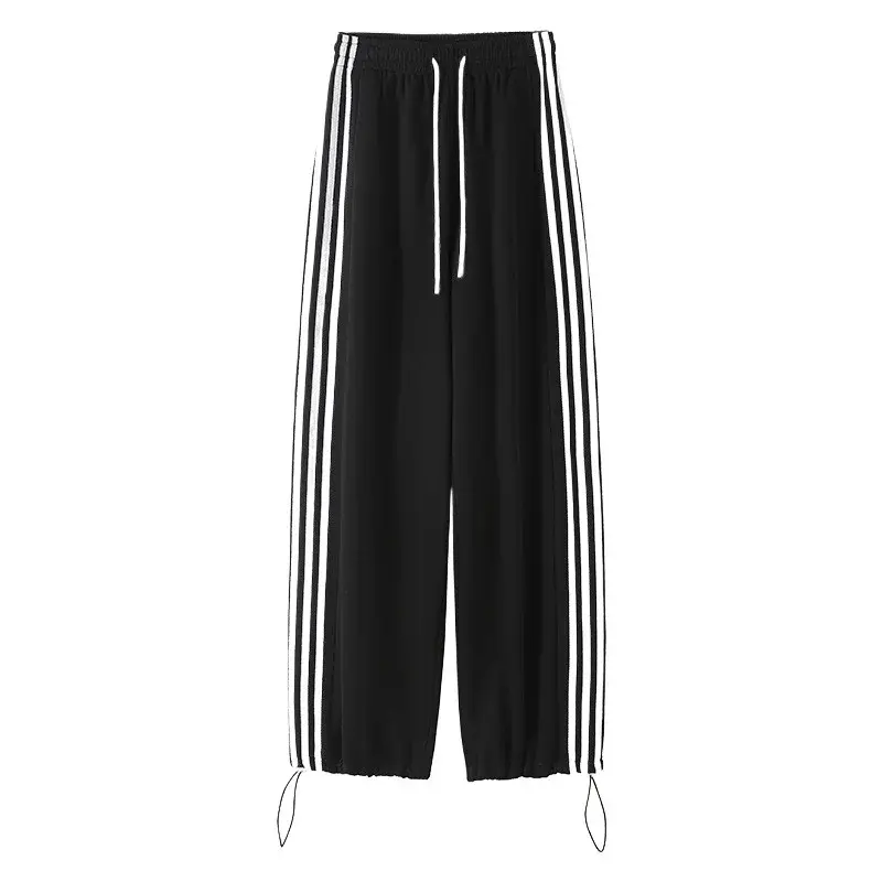 Women's Fleece Lined Three Stripe Sports Pants Loose Casual Wide Leg Drawstring Autumn Winter White Grey Casual Trousers