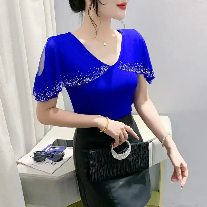 2024 Summer New Women's T-shirt Short Sleeves Fashionable V-neck Ruffle Edge Embroidered Original Heavy Work Net Yarn