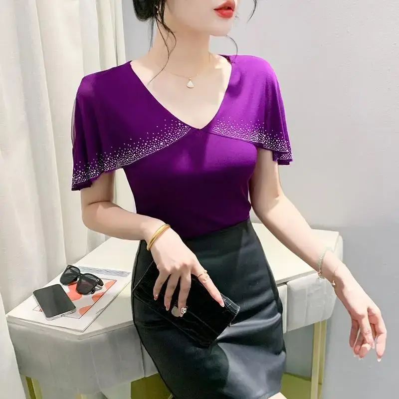 2024 Summer New Women's T-shirt Short Sleeves Fashionable V-neck Ruffle Edge Embroidered Original Heavy Work Net Yarn