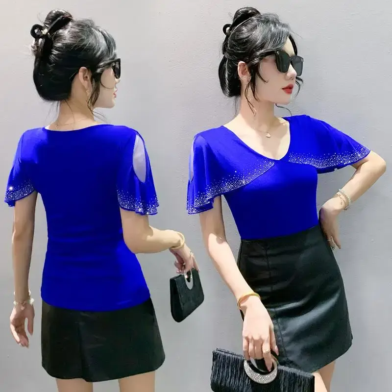 2024 Summer New Women's T-shirt Short Sleeves Fashionable V-neck Ruffle Edge Embroidered Original Heavy Work Net Yarn