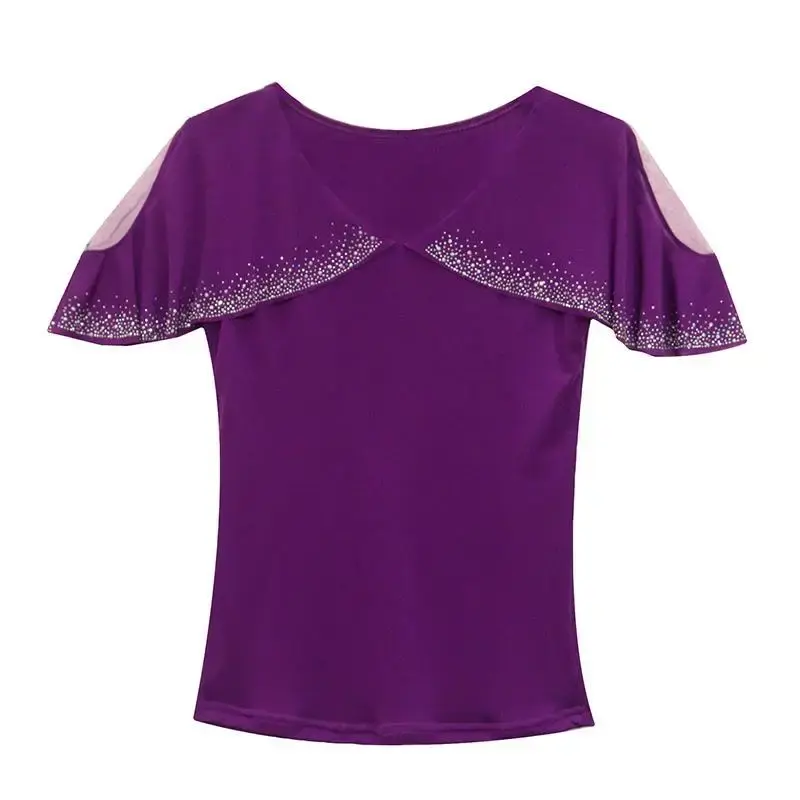 2024 Summer New Women's T-shirt Short Sleeves Fashionable V-neck Ruffle Edge Embroidered Original Heavy Work Net Yarn