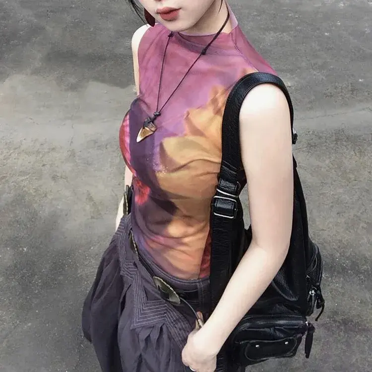 Cross-Border Factory Outlet Women's Tank Top Half Polo/Turtle Neck Printed Mesh Fabric Sleeveless Top For Summer