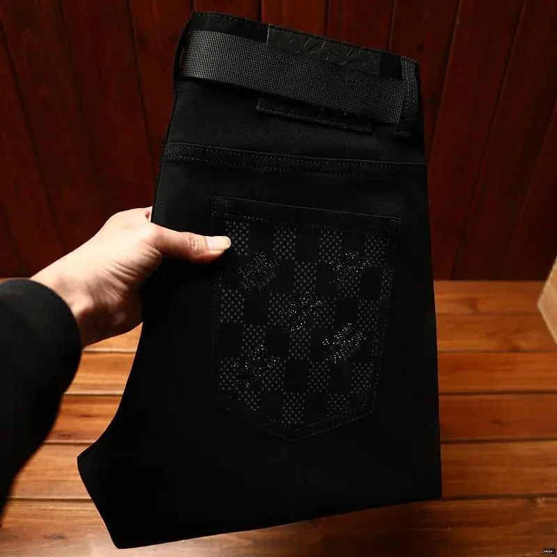 Luxury Slim Fit Jeans For Men Lightweight Summer Thin Style Casual Trendy Black Trousers With Small Footprint Printing